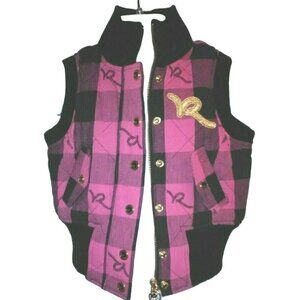 Roca Wear Girls Zip Front Quilted Vest Size 4 Pink Black Plaid